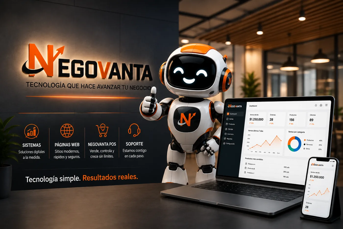 Oficina de Negovanta con el logotipo en la pared, la mascota de la marca y el panel de gestión abierto en un notebook y un celular