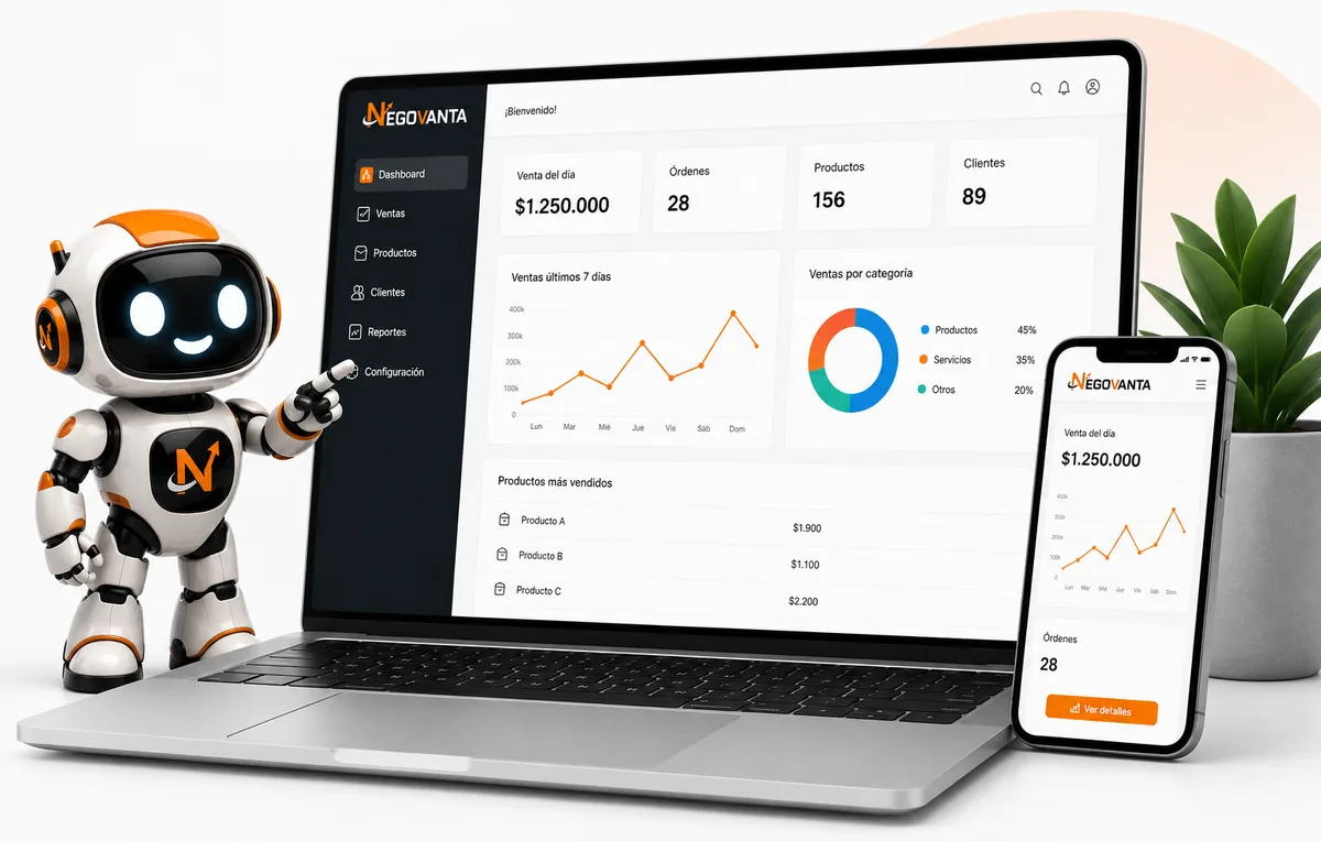 Panel de administración de Negovanta en notebook y celular, con ventas del día, gráfico semanal y ventas por categoría