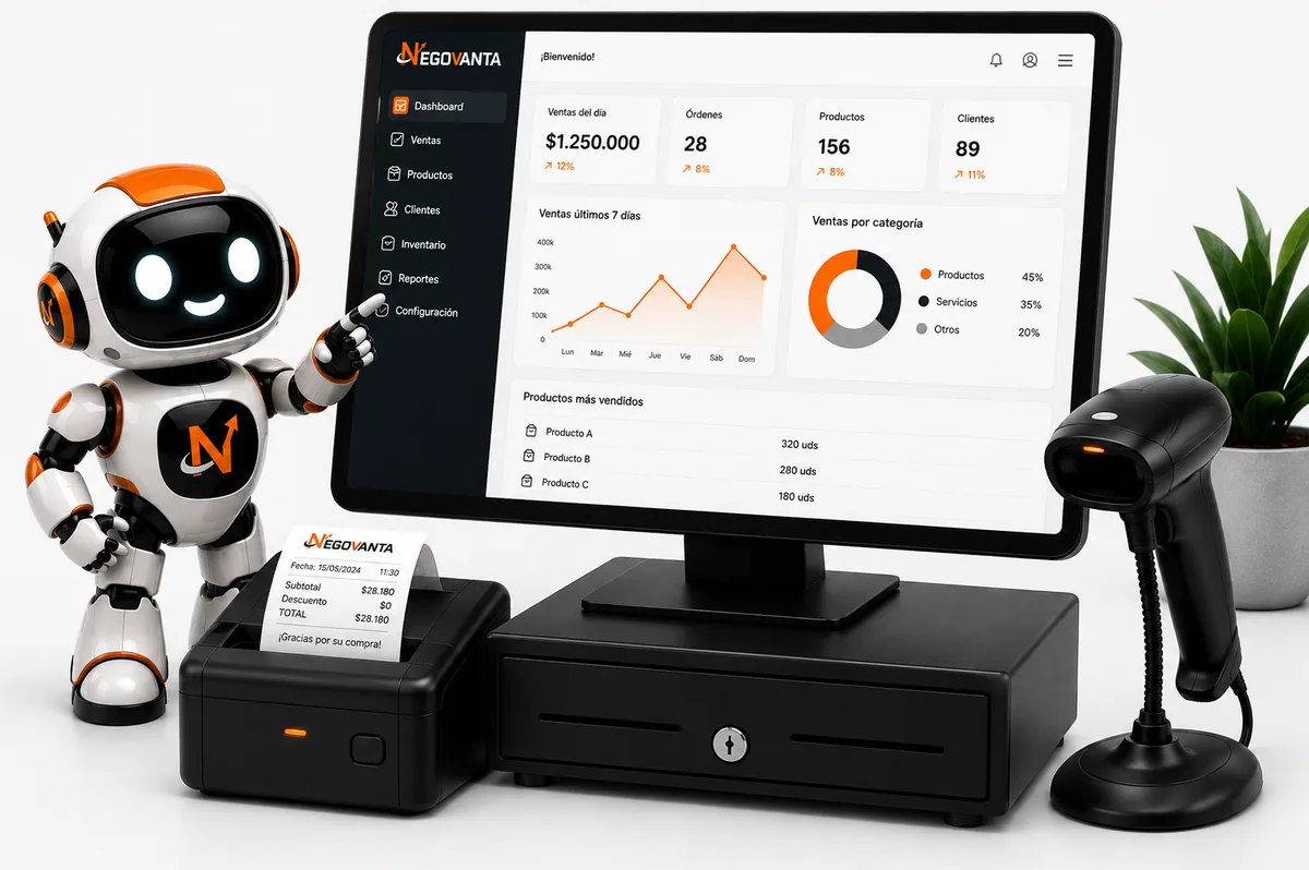 Puesto de venta Negovanta POS: monitor con el panel de ventas, impresora de boletas, cajón de dinero y lector de código de barras