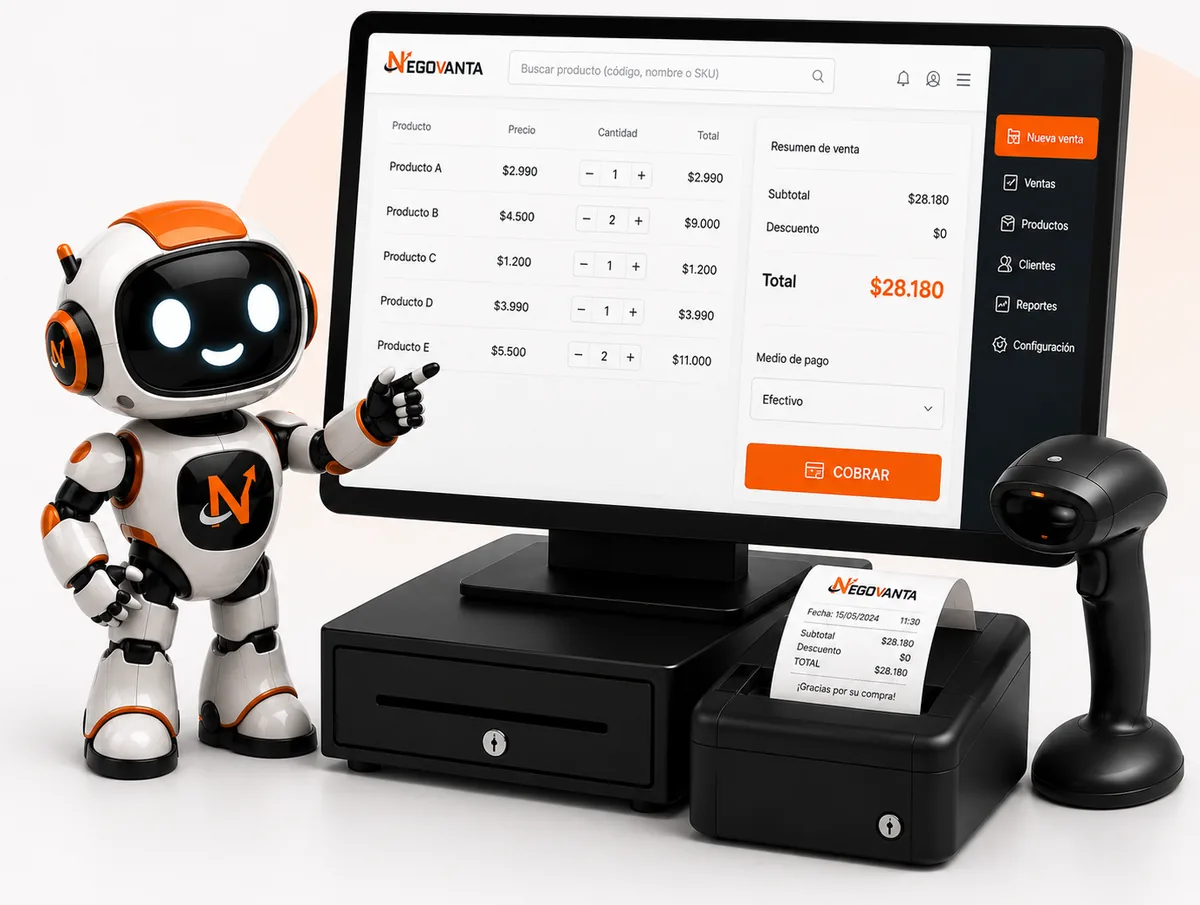 Pantalla de venta de Negovanta POS con el detalle de productos, el resumen de venta y el botón Cobrar, junto a un cajón de dinero, una impresora de boletas y un lector de código de barras