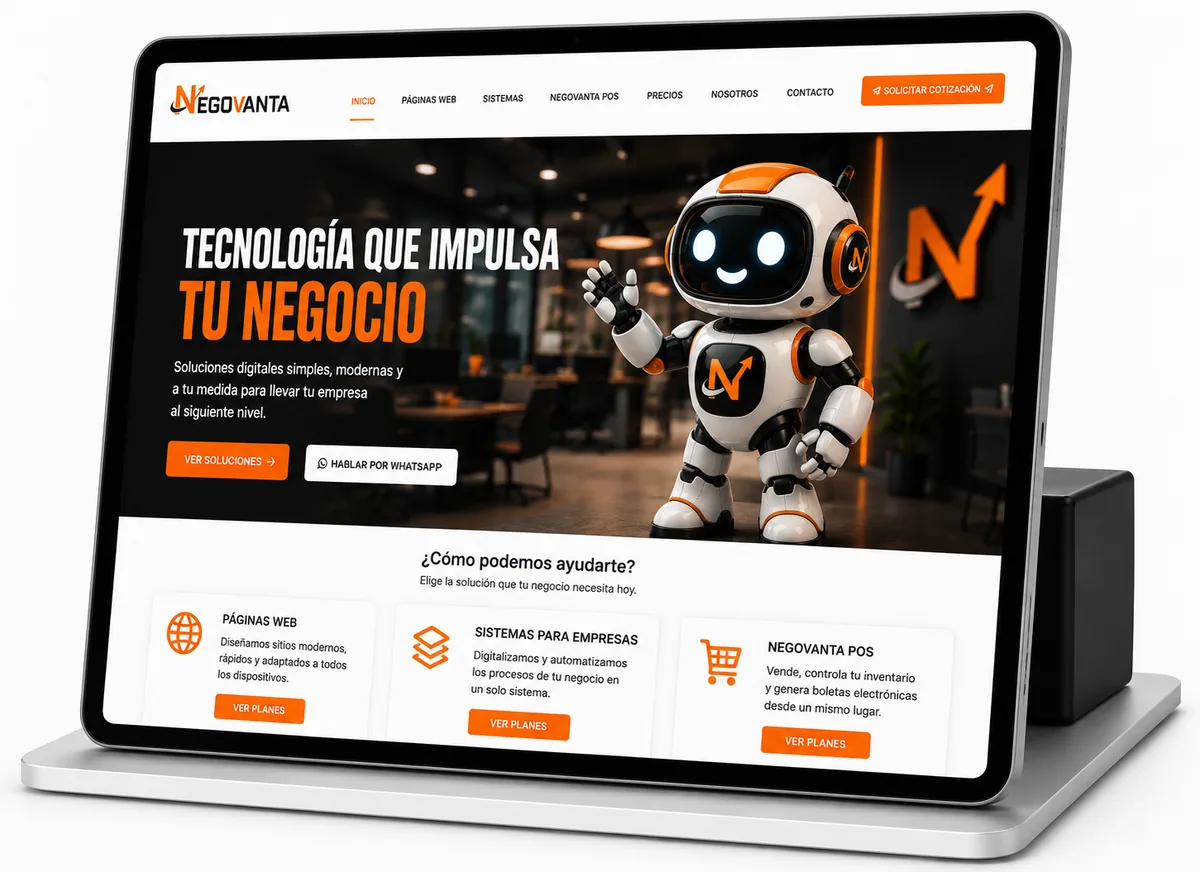 Sitio web de Negovanta mostrado en una tablet, con el menú, la portada y las tarjetas de servicios